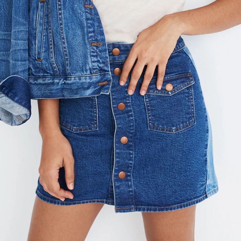 Madewell Stretch Denim Straight Mini Skirt Pieced Two Tone Button Front-28/6